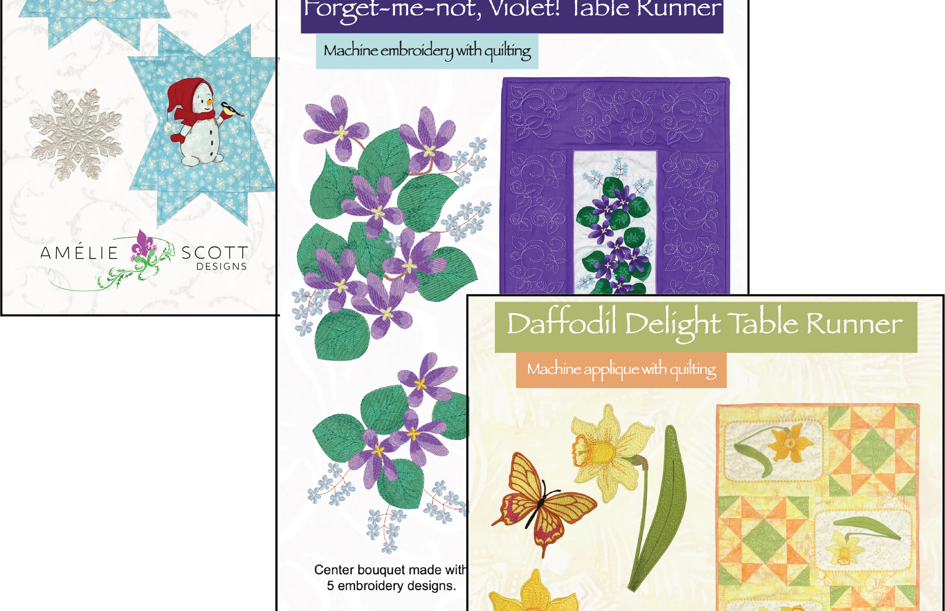 Three table runner designs with flowers.